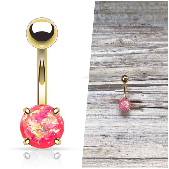 Pink‎ Opal Gold Belly Button Ring - Picture 1 of 1